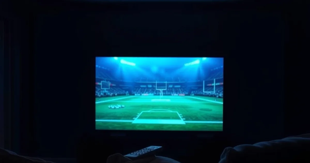 A dark living room lit only by a TV screen showing a frozen live sports broadcast, with a remote control resting on the couch.