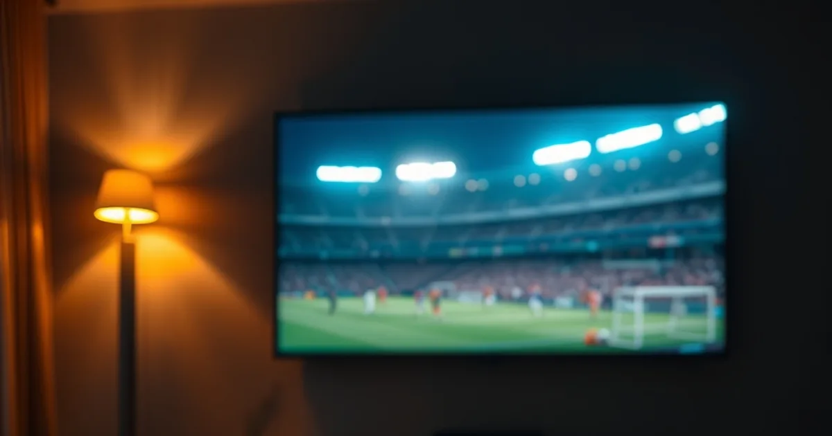 Dark living room lit by a wall-mounted TV streaming a live football match at night, remote and phone on the table in the foreground