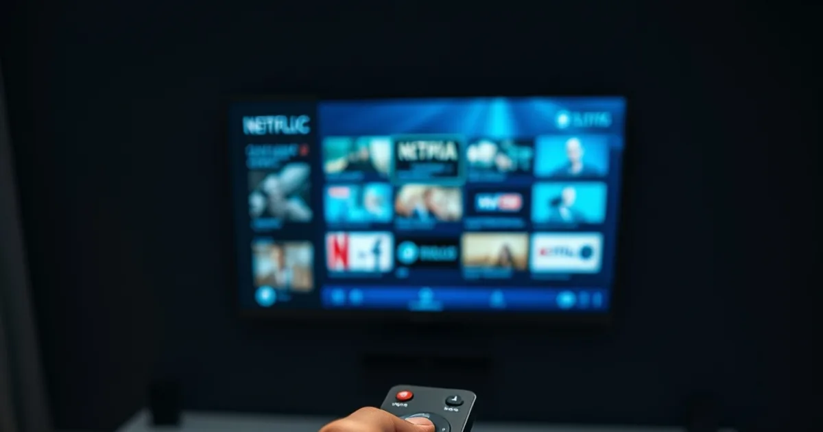 Hand holding a remote control toward a TV showing a glowing streaming app grid in a dark room, with a streaming stick plugged into the HDMI port