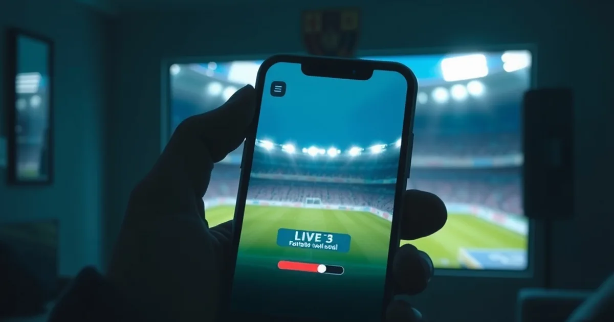 A smartphone streaming a live football match with a buffering icon, glowing in a dark room with a stadium broadcast visible on a TV in the background