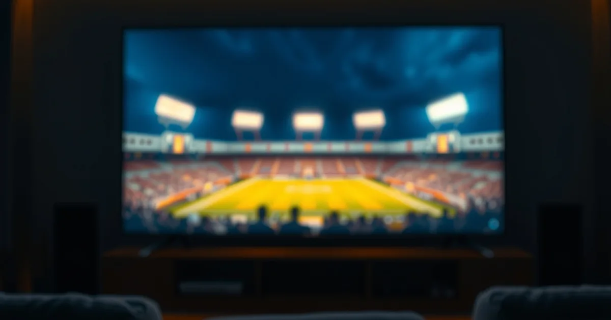 Dark home theater at night with a TV glowing in abstract stadium floodlight colors, a phone and remote resting on the table beside it