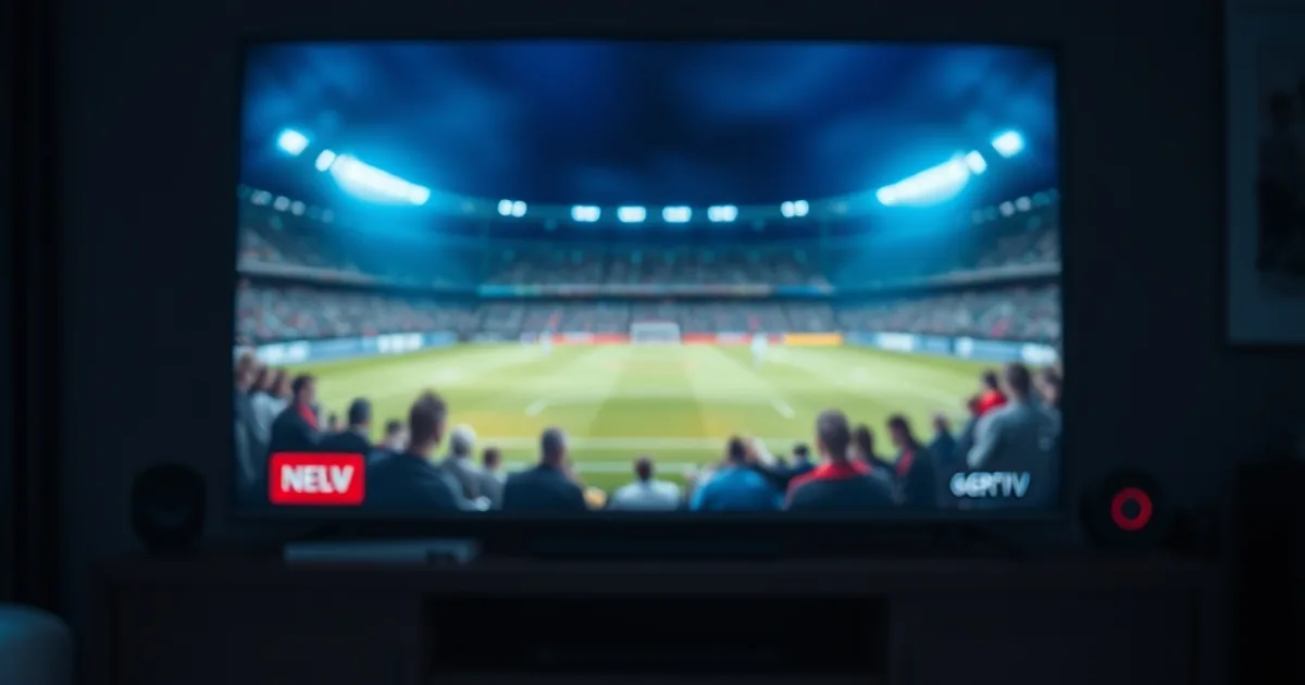 A Fire TV Stick and remote glowing in a dark living room in front of a TV screen showing a live football match at night.