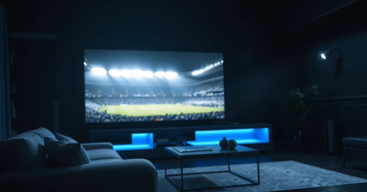 A dark living room lit by a television showing a floodlit football stadium during a night match