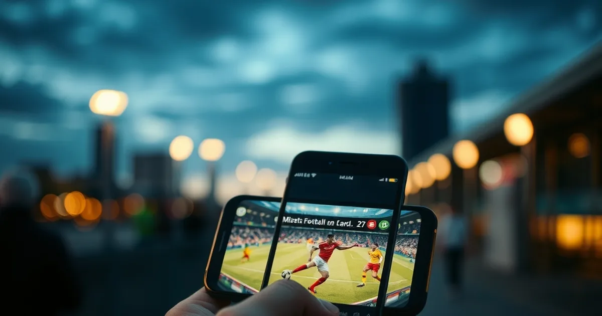 A hand holding a smartphone streaming a live football match outdoors at dusk, city lights blurred in the background