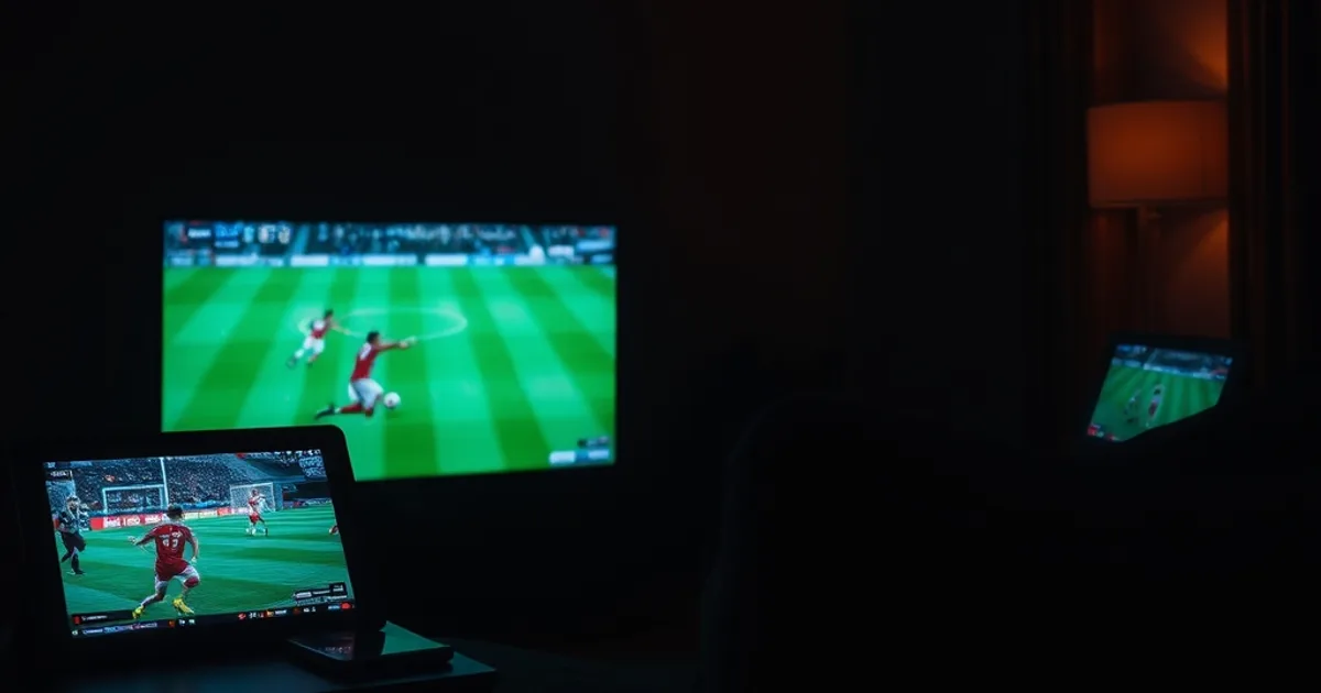 A dark living room at night lit by the glow of three separate screens simultaneously streaming different football matches