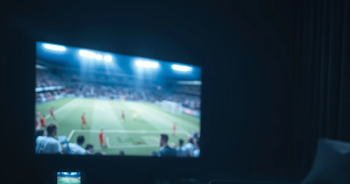 Dark living room at night with a TV, tablet, and phone all showing live football matches simultaneously, a streaming remote on the table in the foreground
