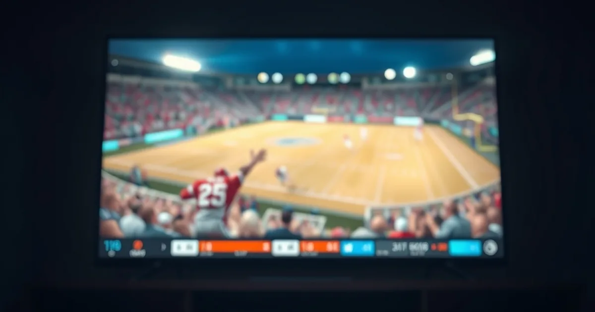A Roku streaming device and remote on a media console with a TV displaying a paused sports broadcast in a dark, cinematic room