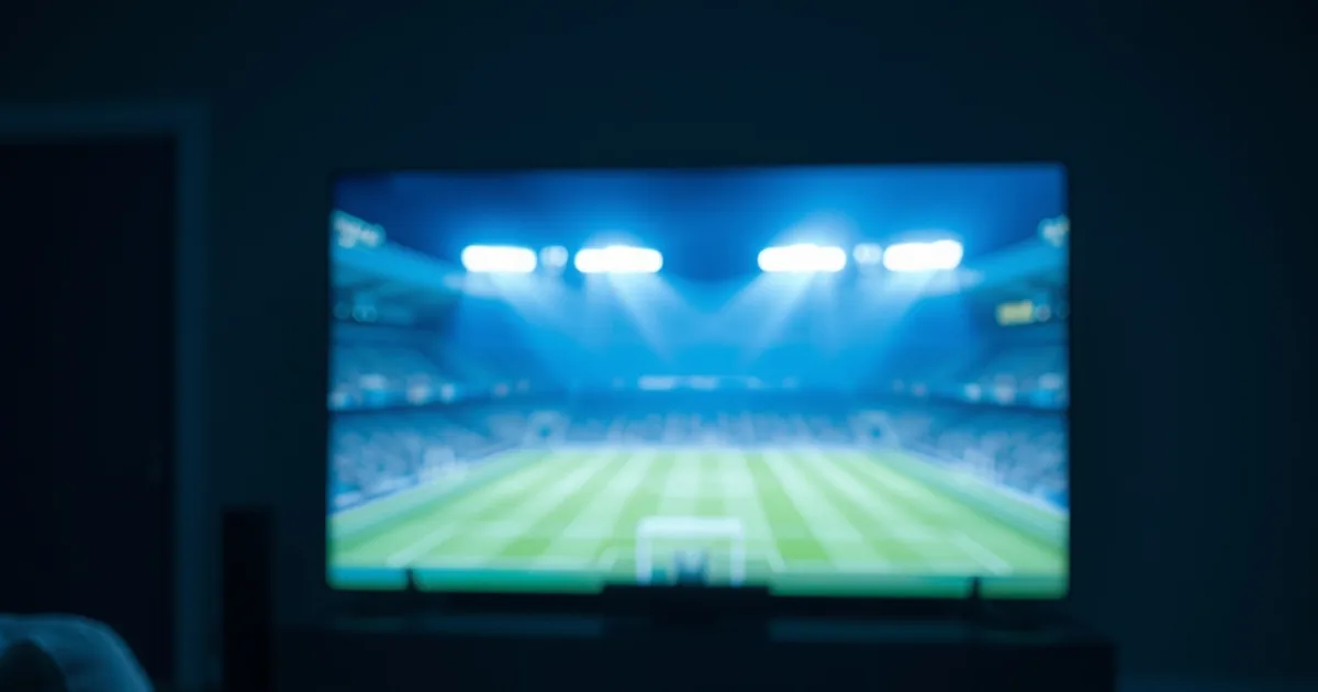 A dark living room at night with a smart TV glowing with stadium floodlights and a blurred football pitch, next to a smartphone showing a countdown checklist and a streaming remote control on a side table.