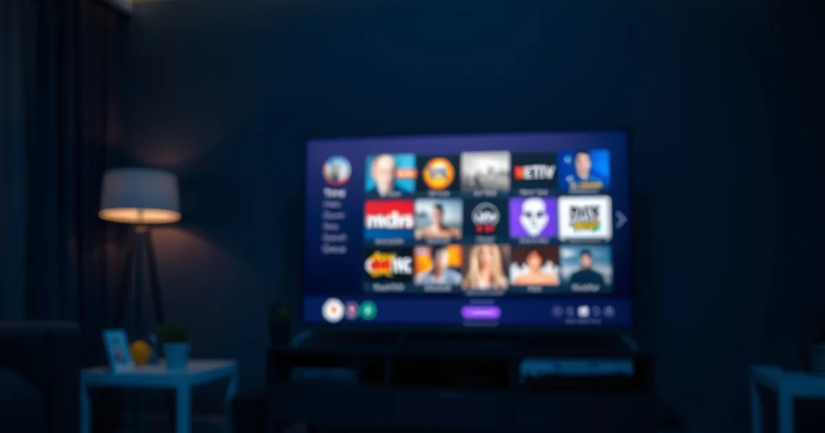 A dark living room at night lit by a smart TV showing a grid of live channels, with a smartphone in the foreground displaying a streaming price notification