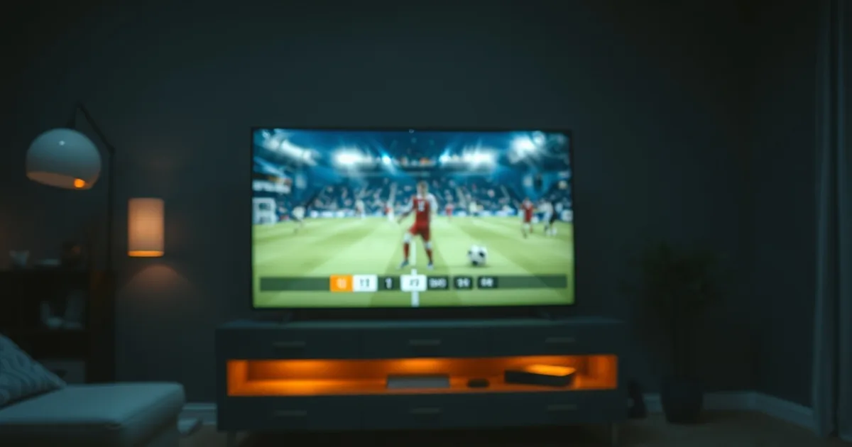 A dark living room at night with a TV showing live football and a phone and tablet streaming nearby, with bills and a calculator faintly visible on the coffee table