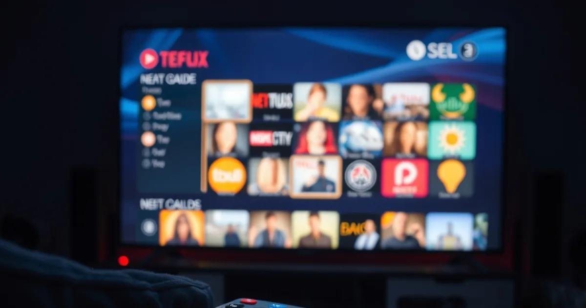 A remote control resting near a television displaying a dark, grid-style channel guide, lit by ambient blue and amber light in a dim living room