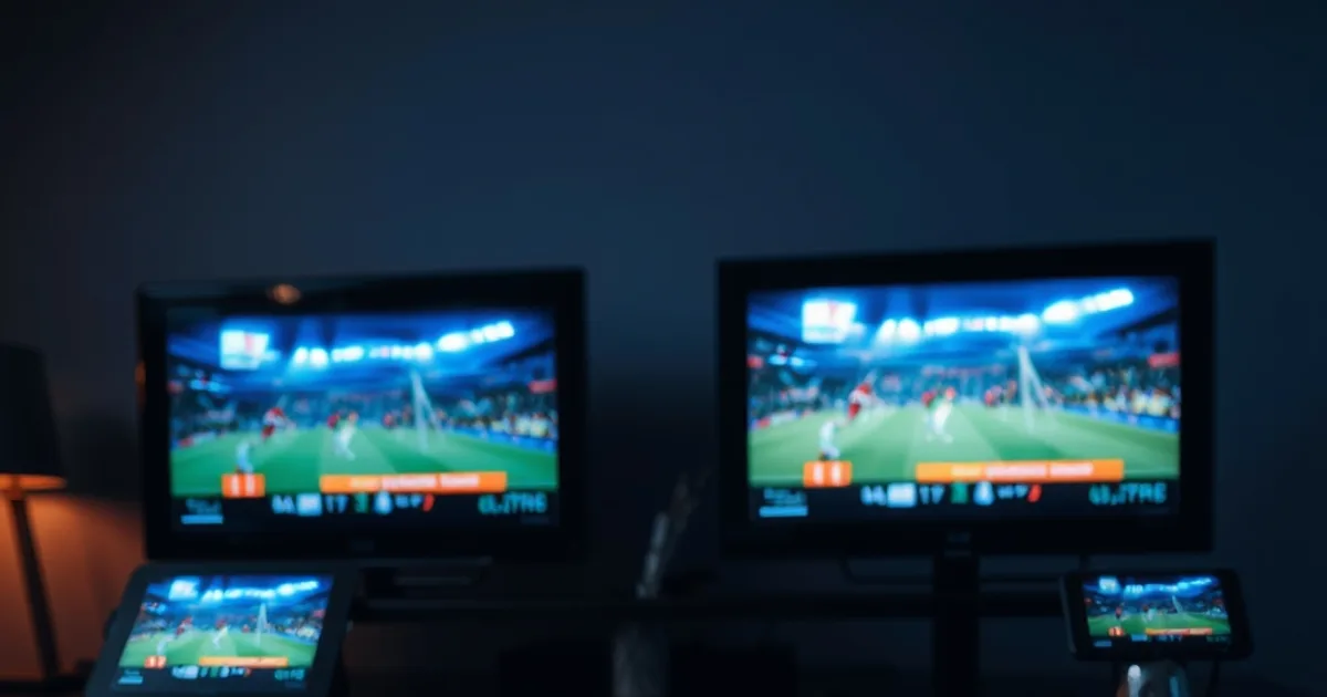 Two screens side by side at night streaming live football matches, with a notebook on the table in front, evoking a side-by-side IPTV trial comparison
