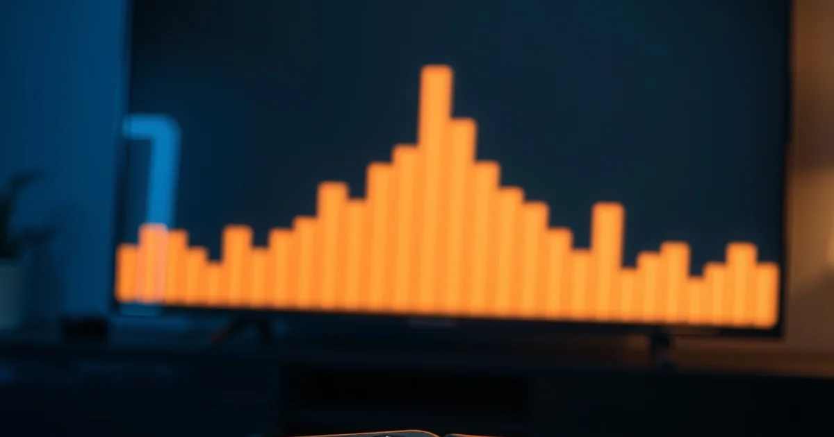 A streaming device and remote on a dark media console at night with a TV glowing softly in the background showing an abstract signal graphic