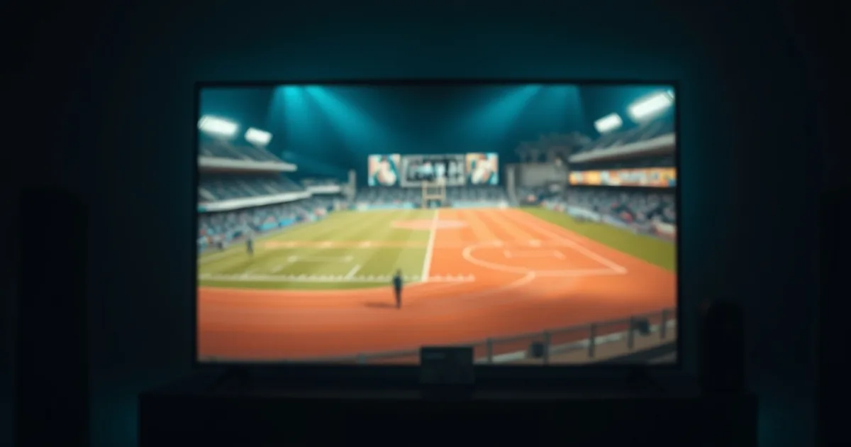 A dark living room at night with a television showing a live match, one side of the picture crisp and the other visibly pixelated, illustrating an IPTV quality test