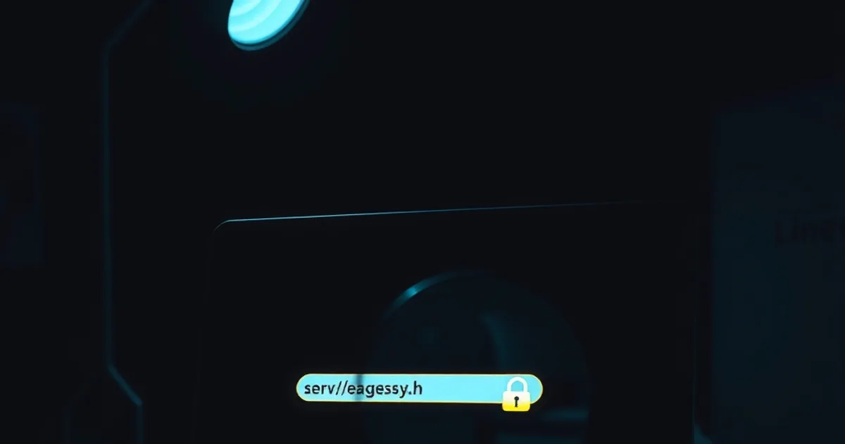 A magnifying glass hovers over login credentials and a server address on a glowing laptop screen in a dark room, with a padlock icon suggesting security verification