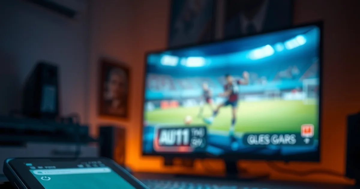 A phone showing a live support chat glowing on a desk at night, with a football match playing on a television in the background