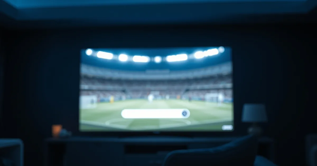 A dark living room at night with a TV frozen on a buffering icon during a football match and a phone showing a speed-test graph on the table nearby