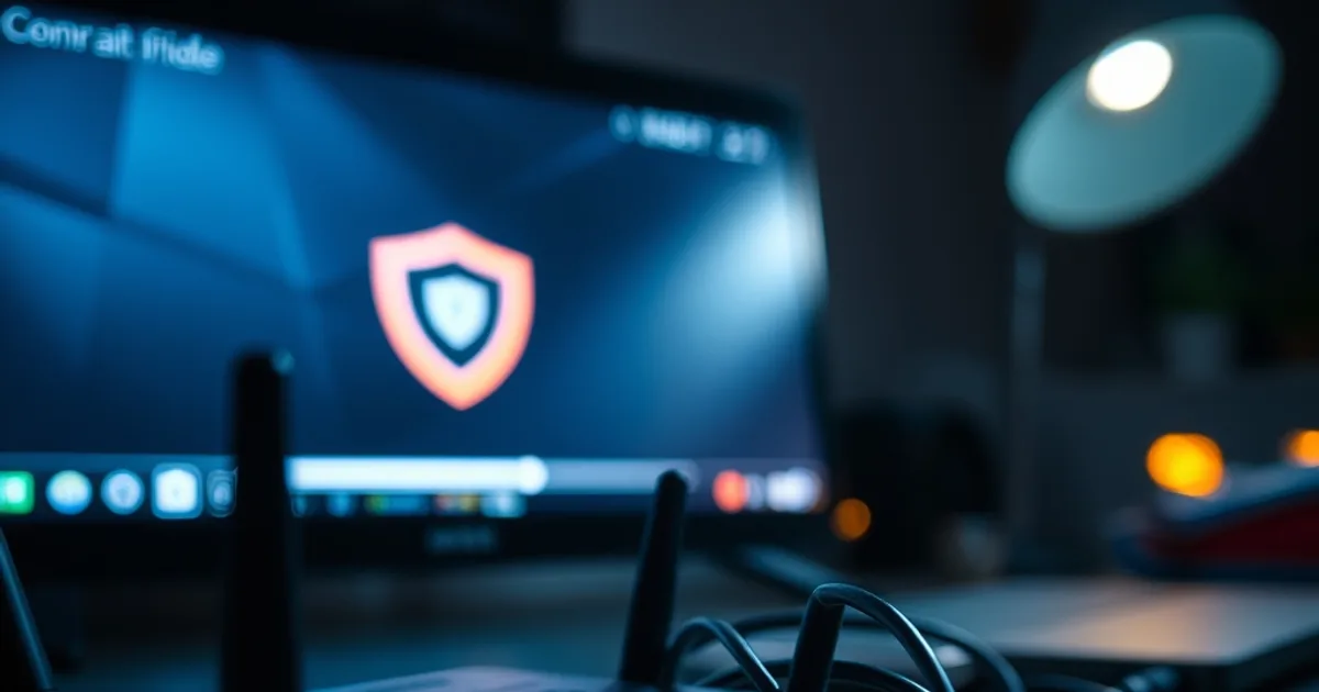 A home router and laptop glowing in a dark room at night, symbolizing a network diagnostic test during evening internet congestion