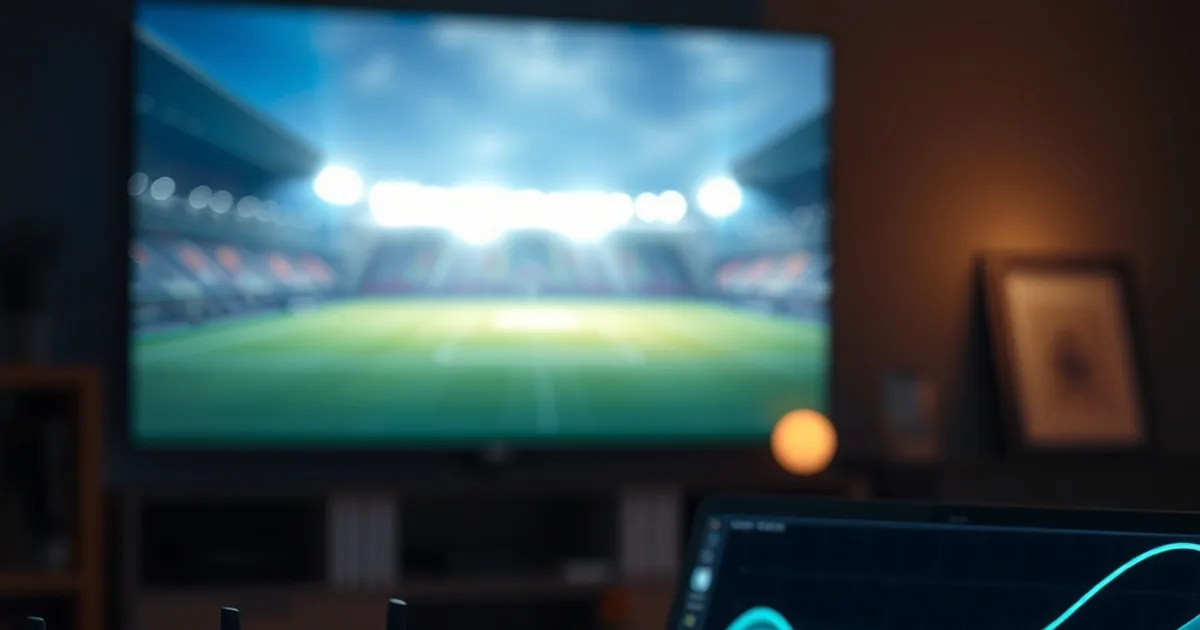 A dimly lit living room at night showing a router's status lights, a laptop with a network speed graph, and a TV glowing with the ambient light of a football match in the background.