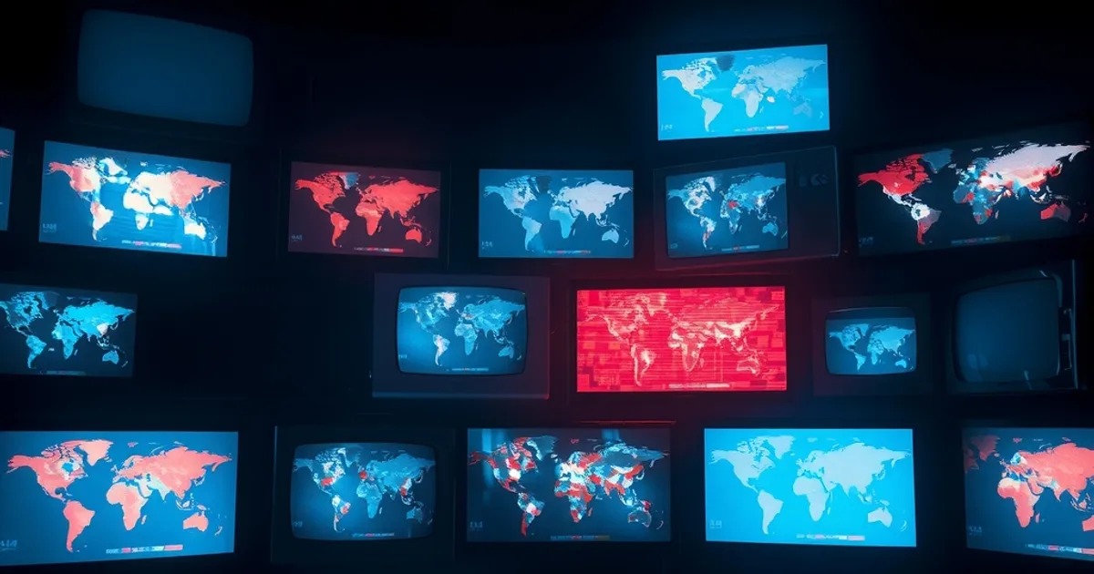 A dark room with a wall of glowing screens showing different world regions, some clear and some distorted, representing blocked and accessible international channels