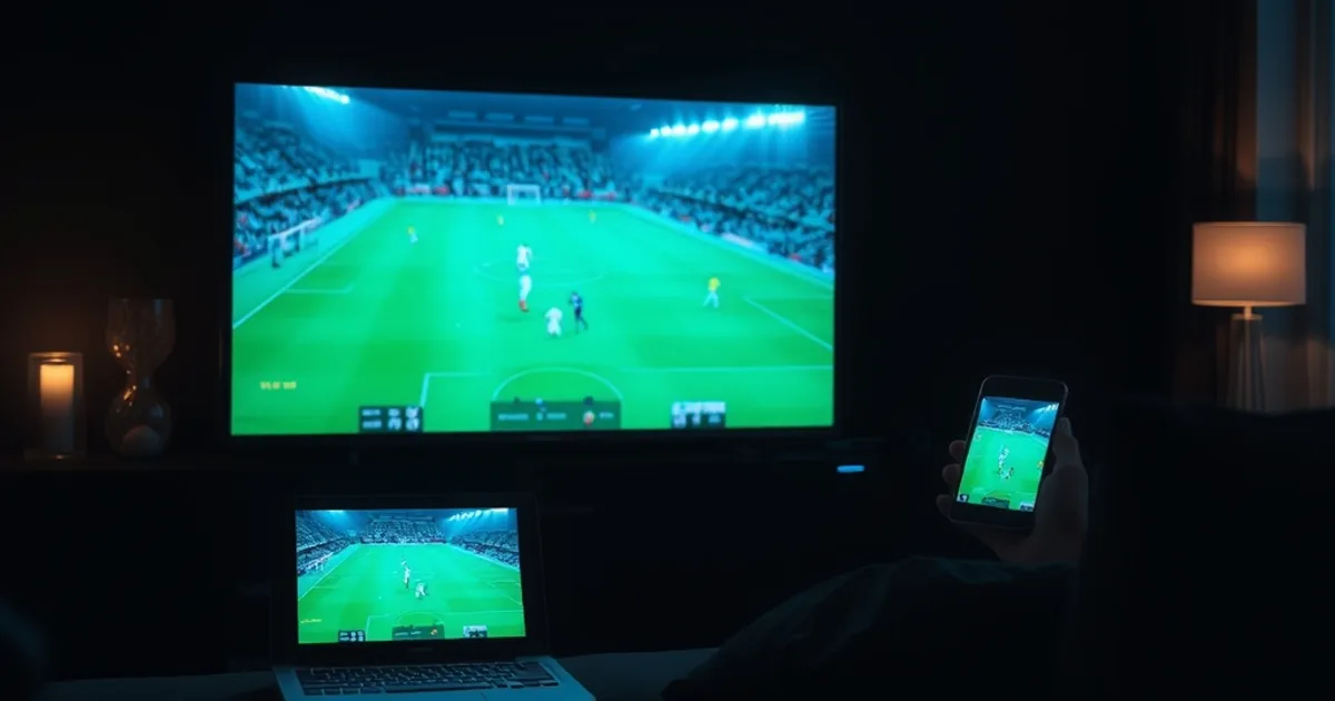 A dark living room at night with a TV, tablet, and smartphone each streaming a different live football match simultaneously, their glow lighting the room