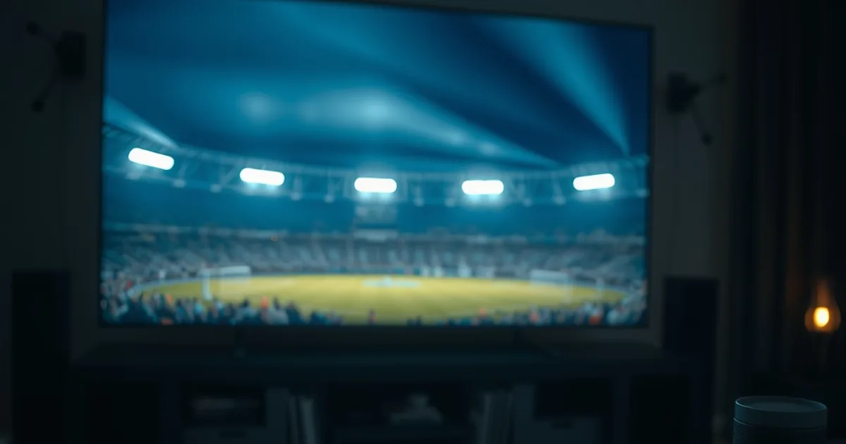 A television displaying a live floodlit football match with a subtle glitch artifact across the screen, next to a phone showing a signal waveform, in a dark moody room