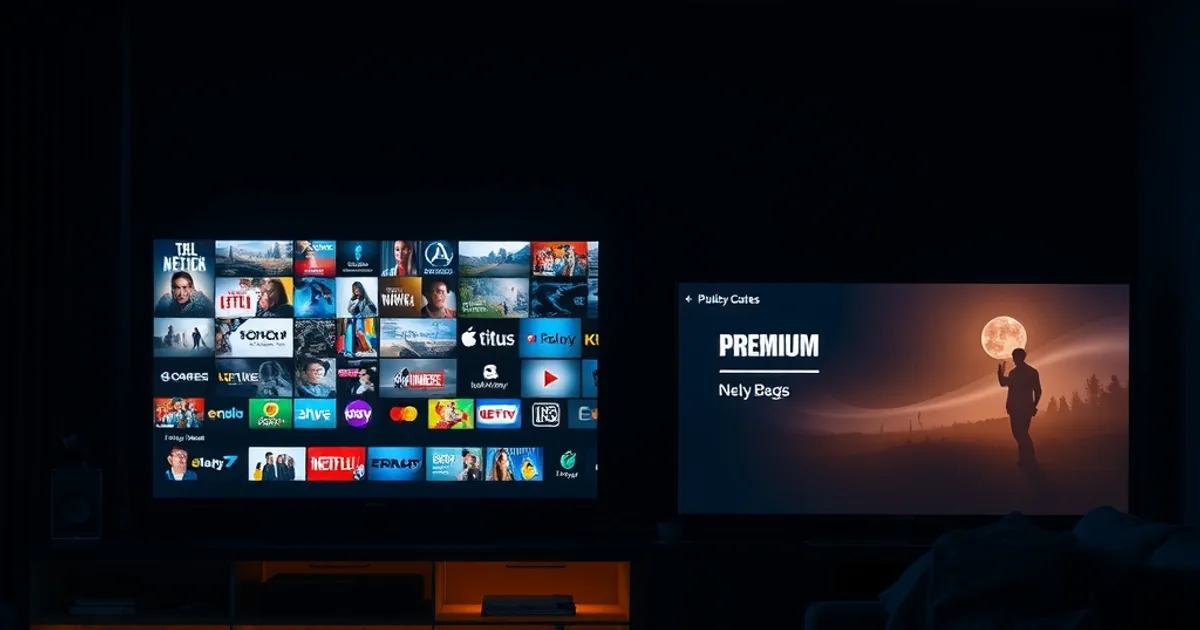 Two glowing television screens in a dark room, one showing an ad-cluttered free streaming grid in blue light and the other a clean premium channel guide in warm amber light