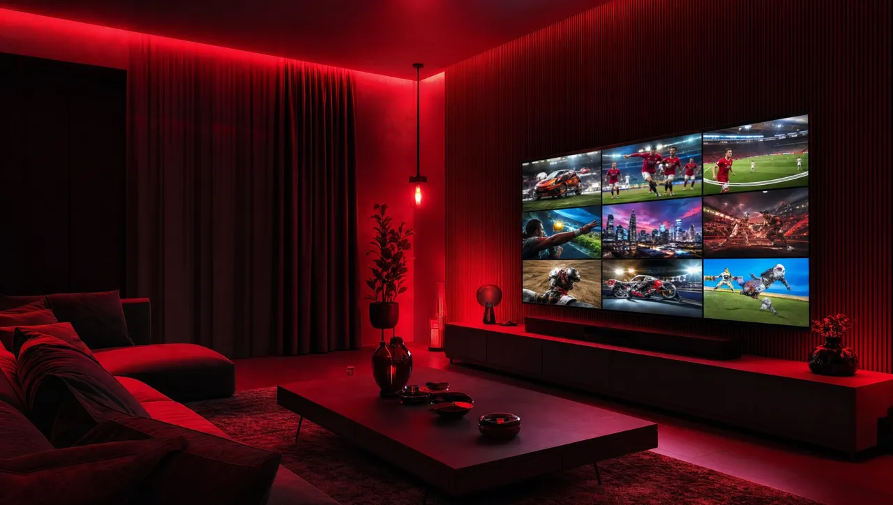 Television in a living room showing live channels, sport and movies together through a single IPTV free trial