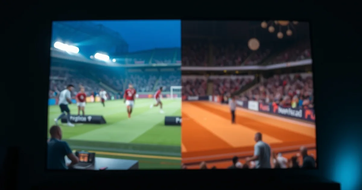 A television screen at night showing a split comparison between a blurry upscaled broadcast image and a sharp, detailed true 4K image, lit by cool blue ambient glow