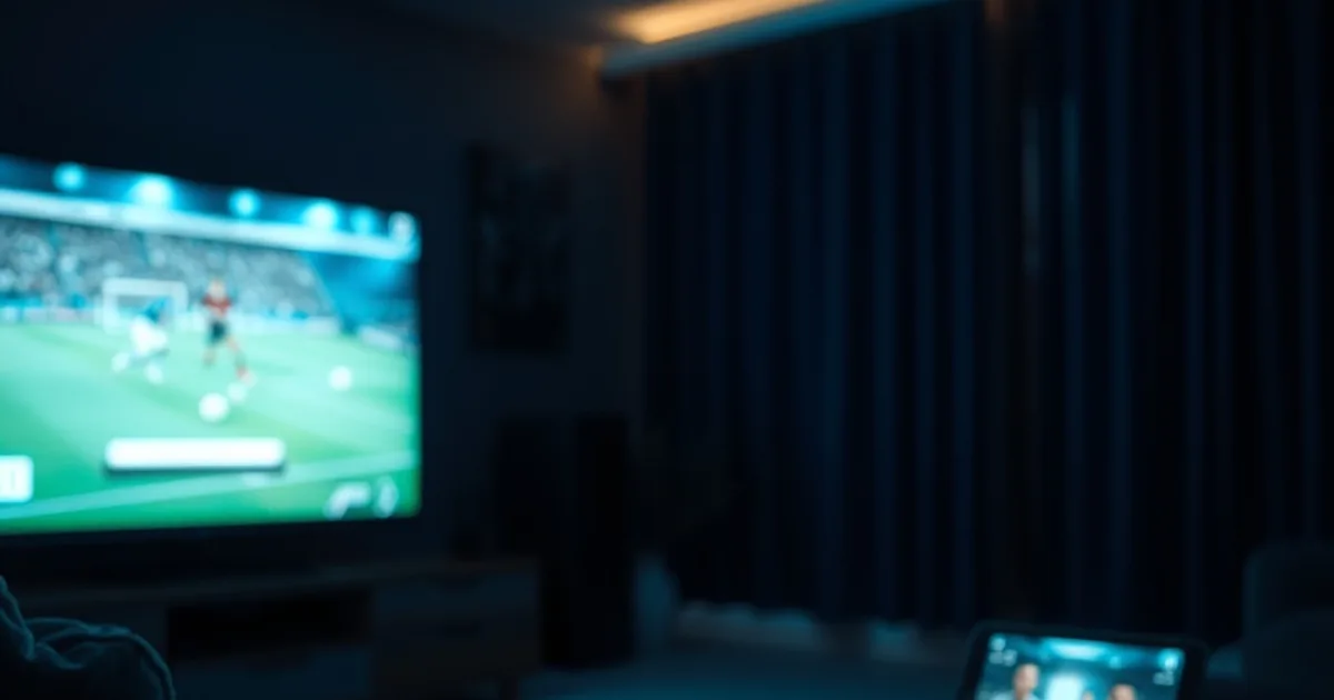 Dark living room lit by a TV showing a live football match with a buffering icon, a remote control in the foreground and a second glowing screen nearby