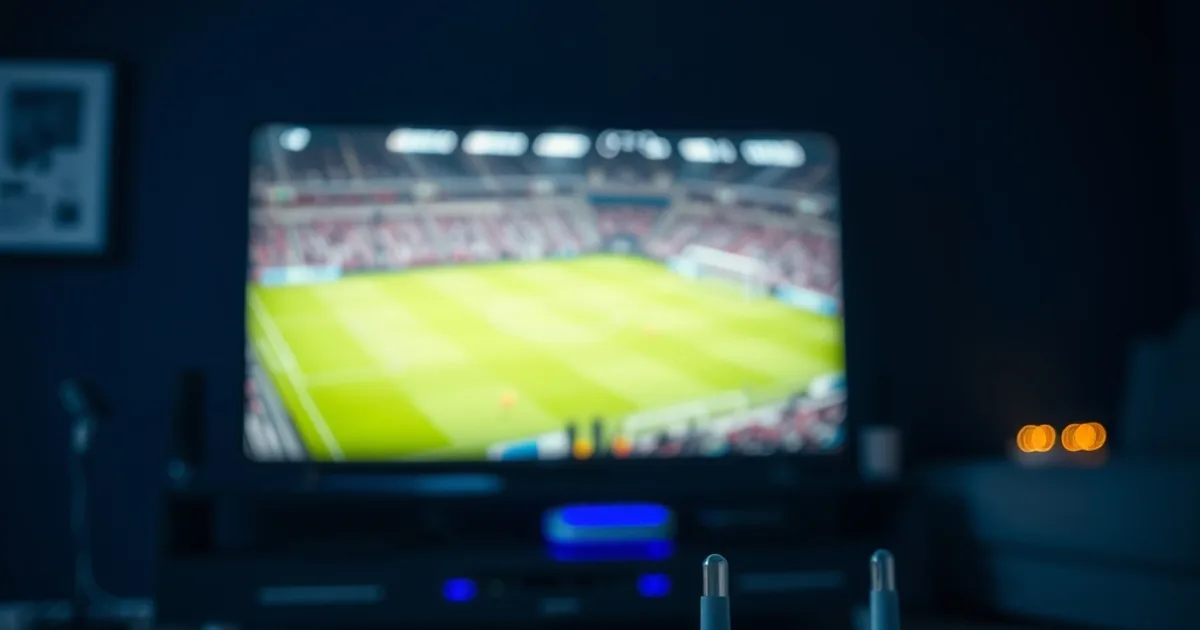 An ethernet cable connected to a streaming device below a TV glowing with a live football match at night, router visible in the background