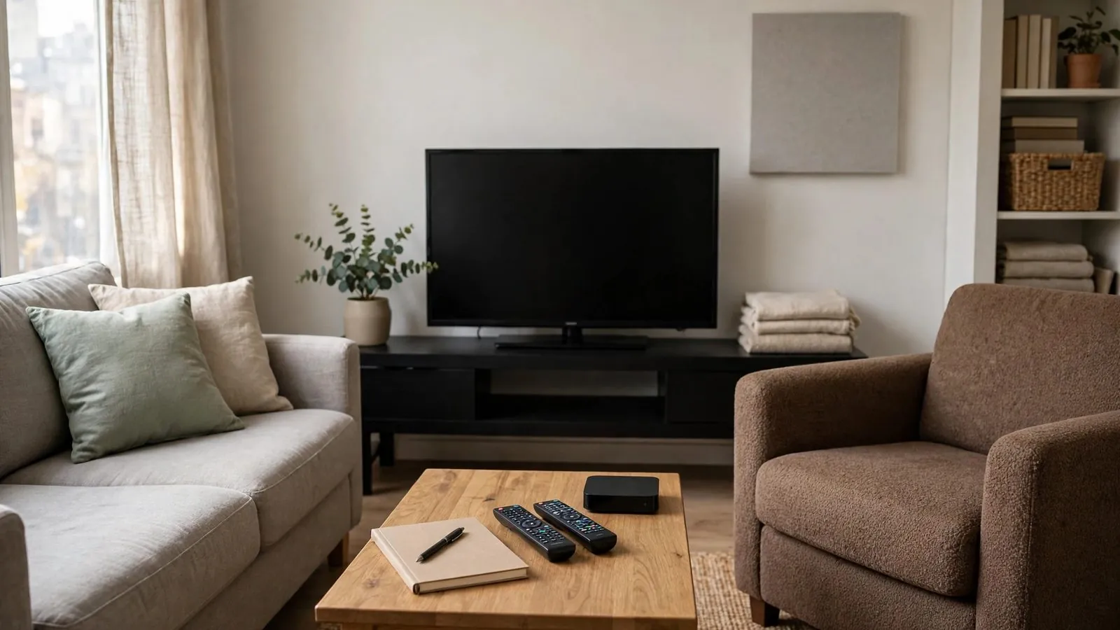 Apartment living room with a sofa, switched-off TV, and coffee table holding notebooks, remotes, and media player.